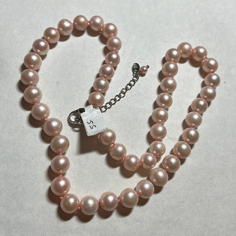Chunky pink freshwater pearls, knotted, sterling silver lobster clasp 10-10.5mm
